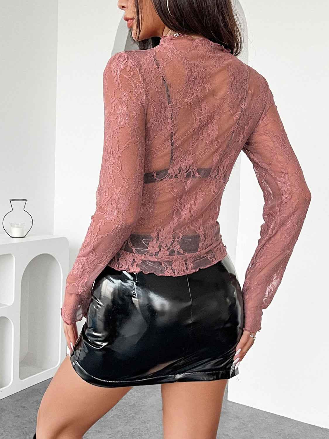 Mock Neck Long Sleeve Sheer Lace Top - Damned Threads